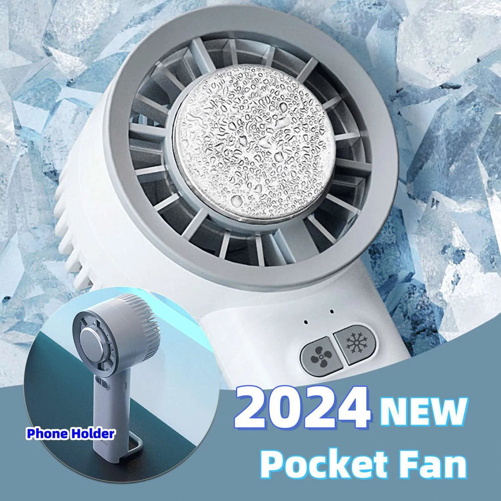White handheld portable fan with turbo jet airflow and ice cooling function showing compact design