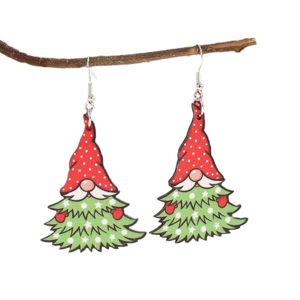 Women's wooden Christmas earrings with geometric shapes featuring Christmas tree and snowman designs