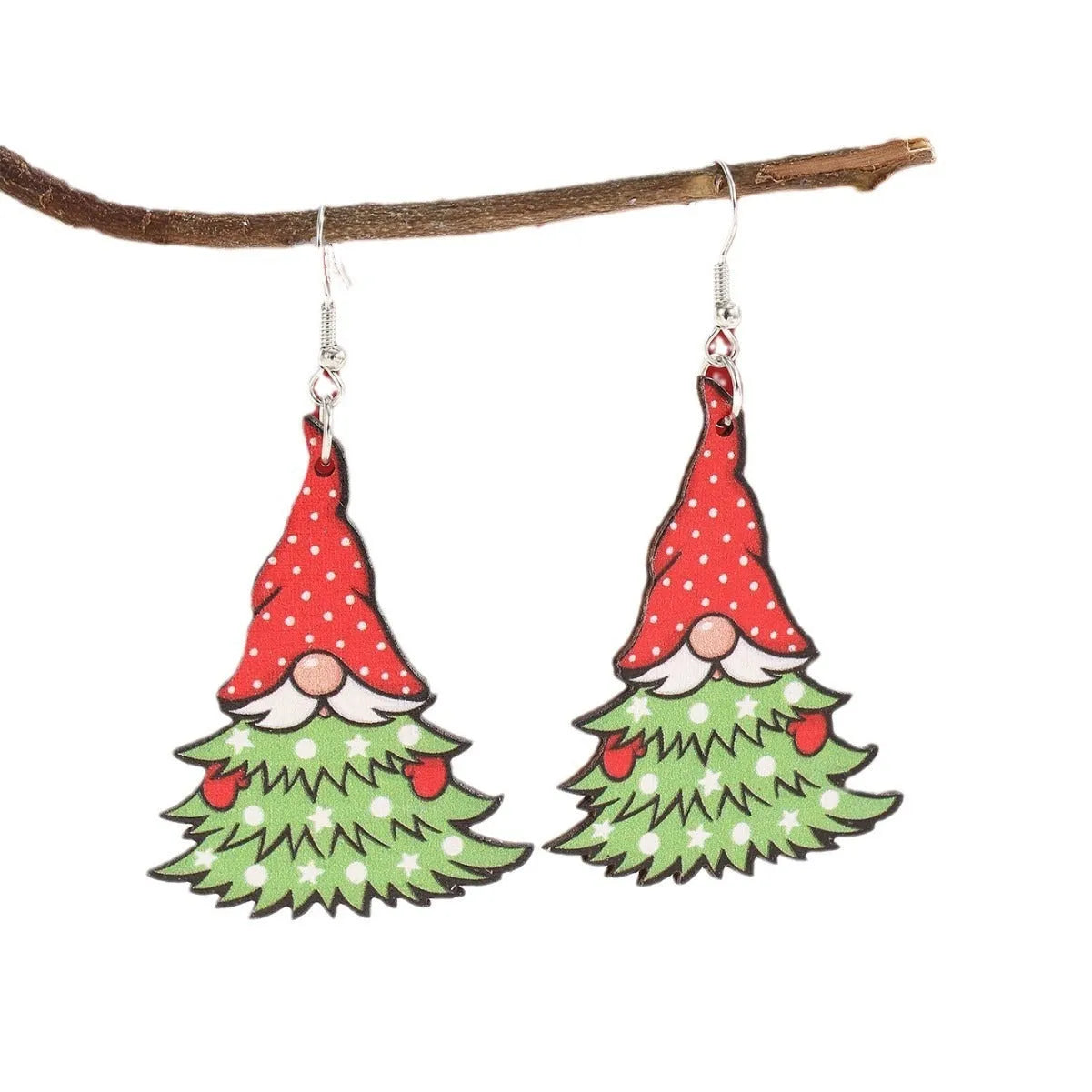 Women's wooden Christmas earrings with geometric shapes featuring Christmas tree and snowman designs