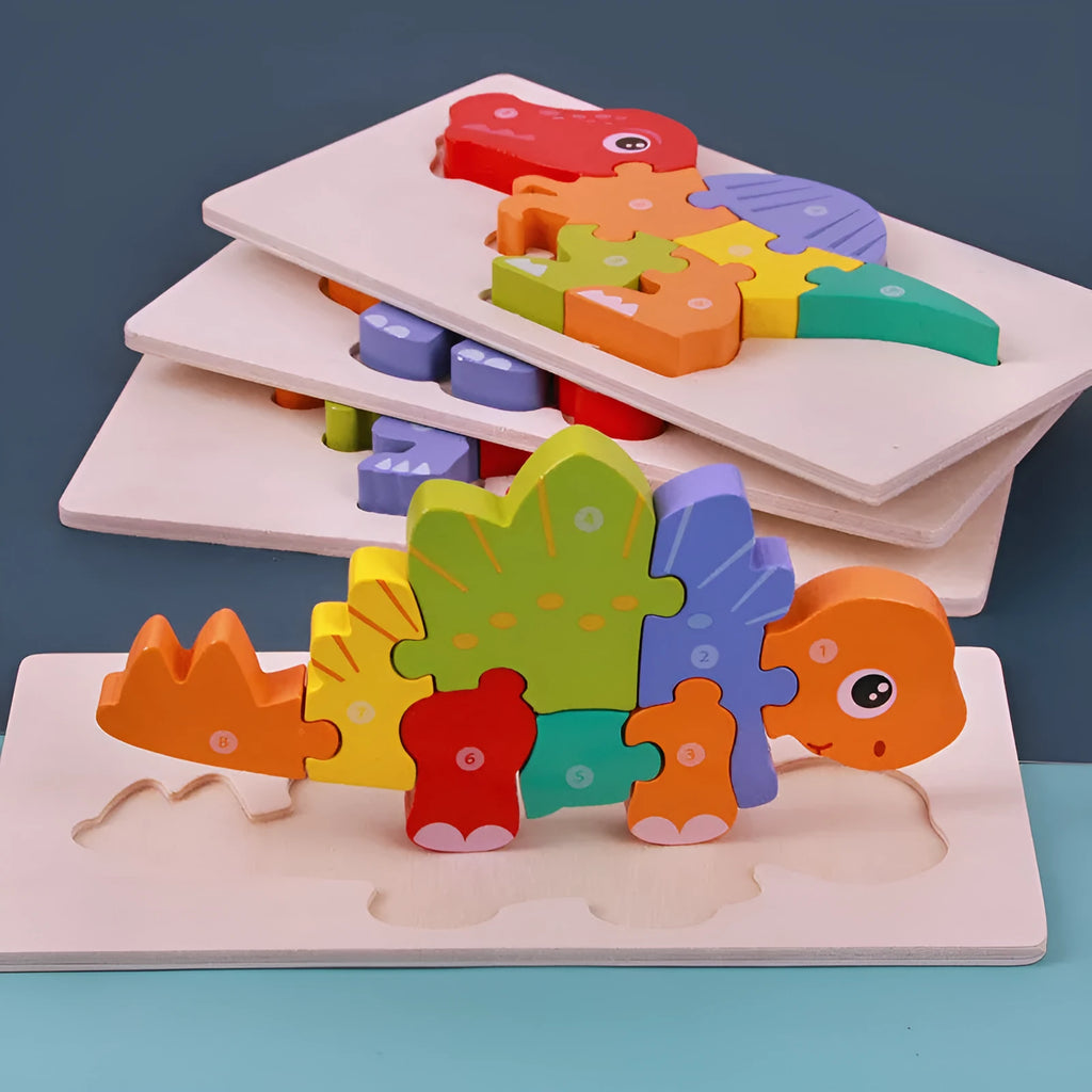 Wooden dinosaur 3D puzzle set showing six prehistoric designs for children aged 4-6