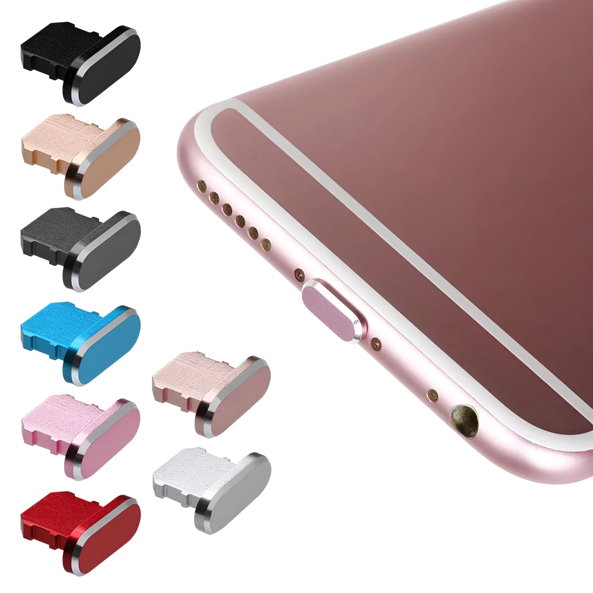Aluminium alloy iPhone charging port dust plug in various colours including gold, silver, blue, and rose gold.