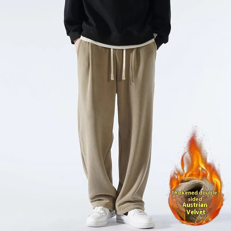 Men's apricot fleece-lined winter sports pants with drawstring waist and loose Korean-style fit