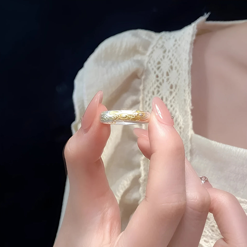 White copper open mouth ring with Xiangyun pattern, geometric fairy style, and silver gold electroplated finish.