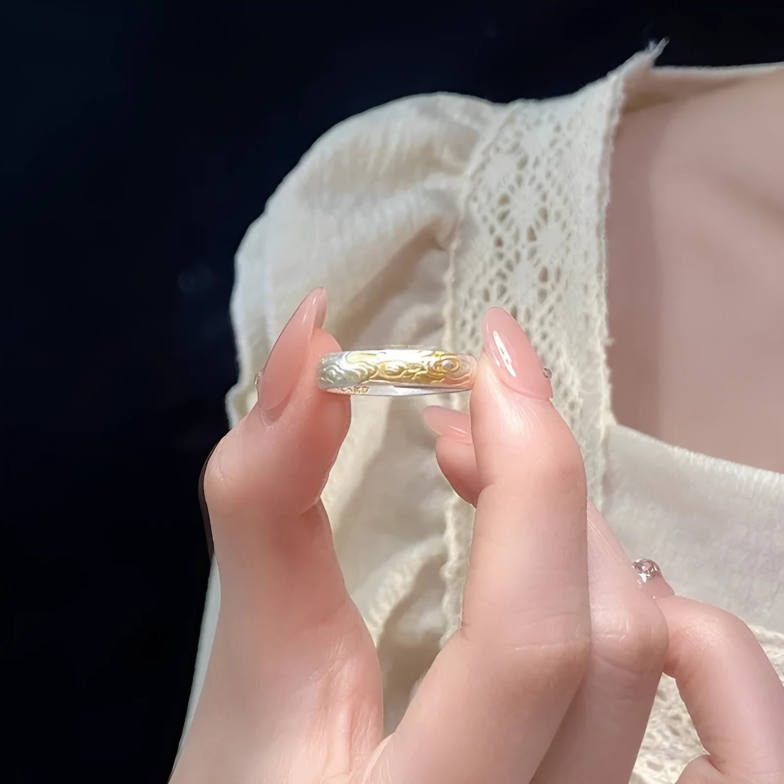 White copper open mouth ring with Xiangyun pattern, geometric fairy style, and silver gold electroplated finish.