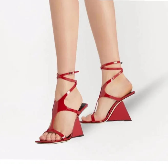 Women's black square head high heel sandals with a 9.5cm heel and button fastening