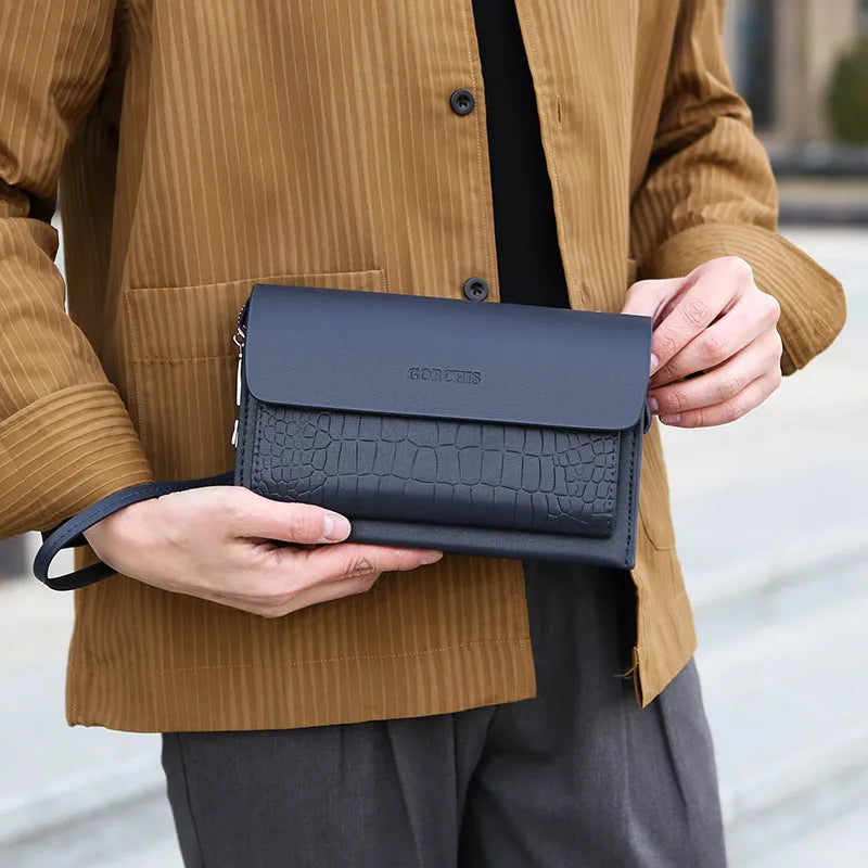 Men's black PU leather casual clutch with multiple card slots and plaid pattern