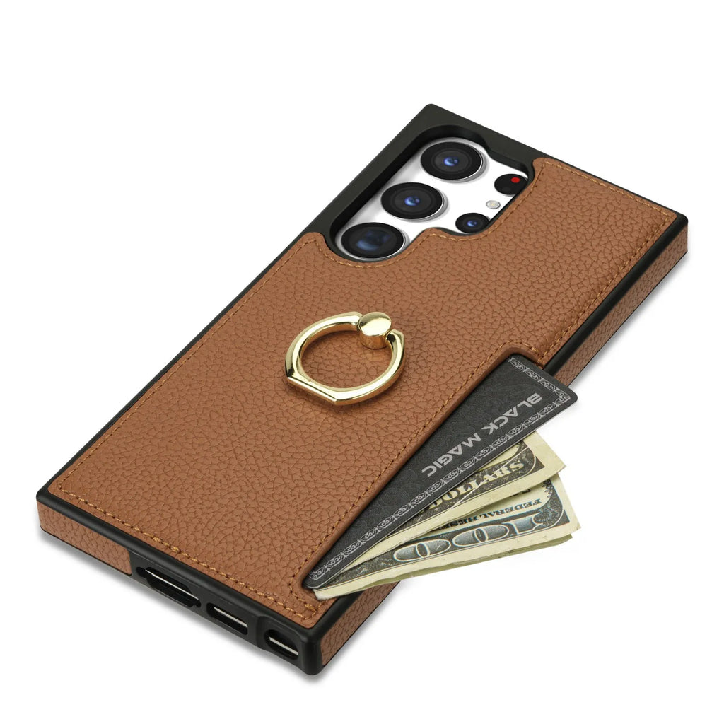 Litchi pattern fastened ring card wallet phone case for Samsung with shockproof frosted TPU PU finish, black colour