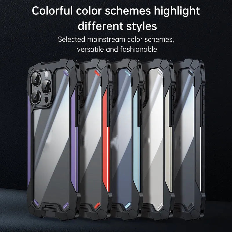 Two-in-one metal and silicone phone case with airbag drop protection for iPhone, available in black, blue, purple, red, and silver grey