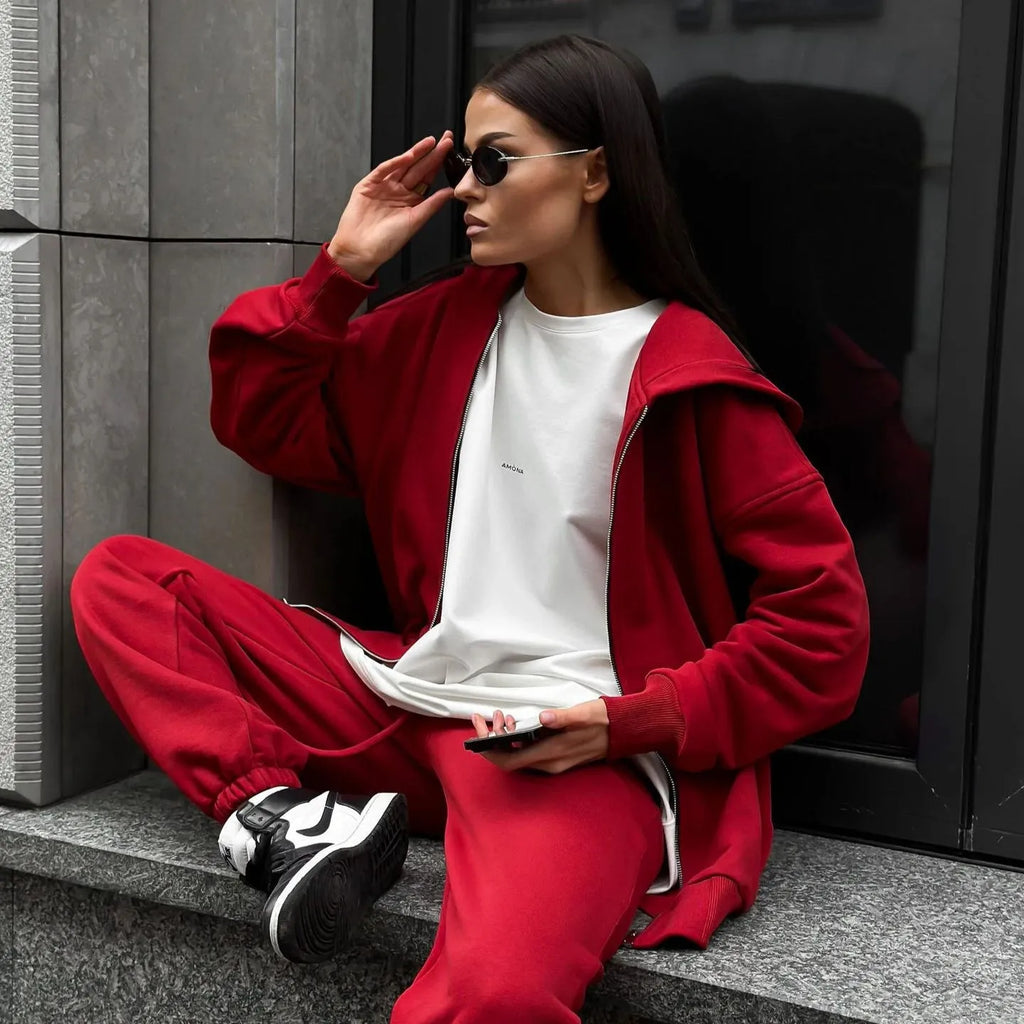 Street style long-sleeved coat and trousers two-piece set in solid colour polyester