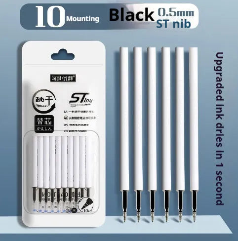 Pack of ten quick-dry gel pen refills for bullet pens in black, blue, red, and ink blue.