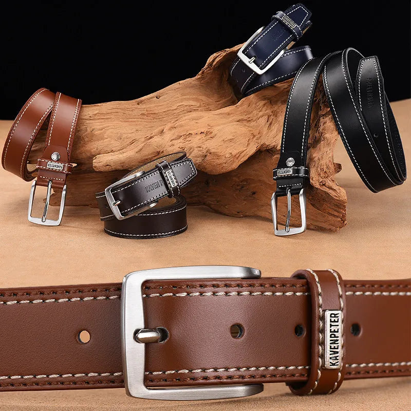 Men's genuine leather cowhide belt with alloy pin buckle, 2-4cm width, available in four colours and four lengths
