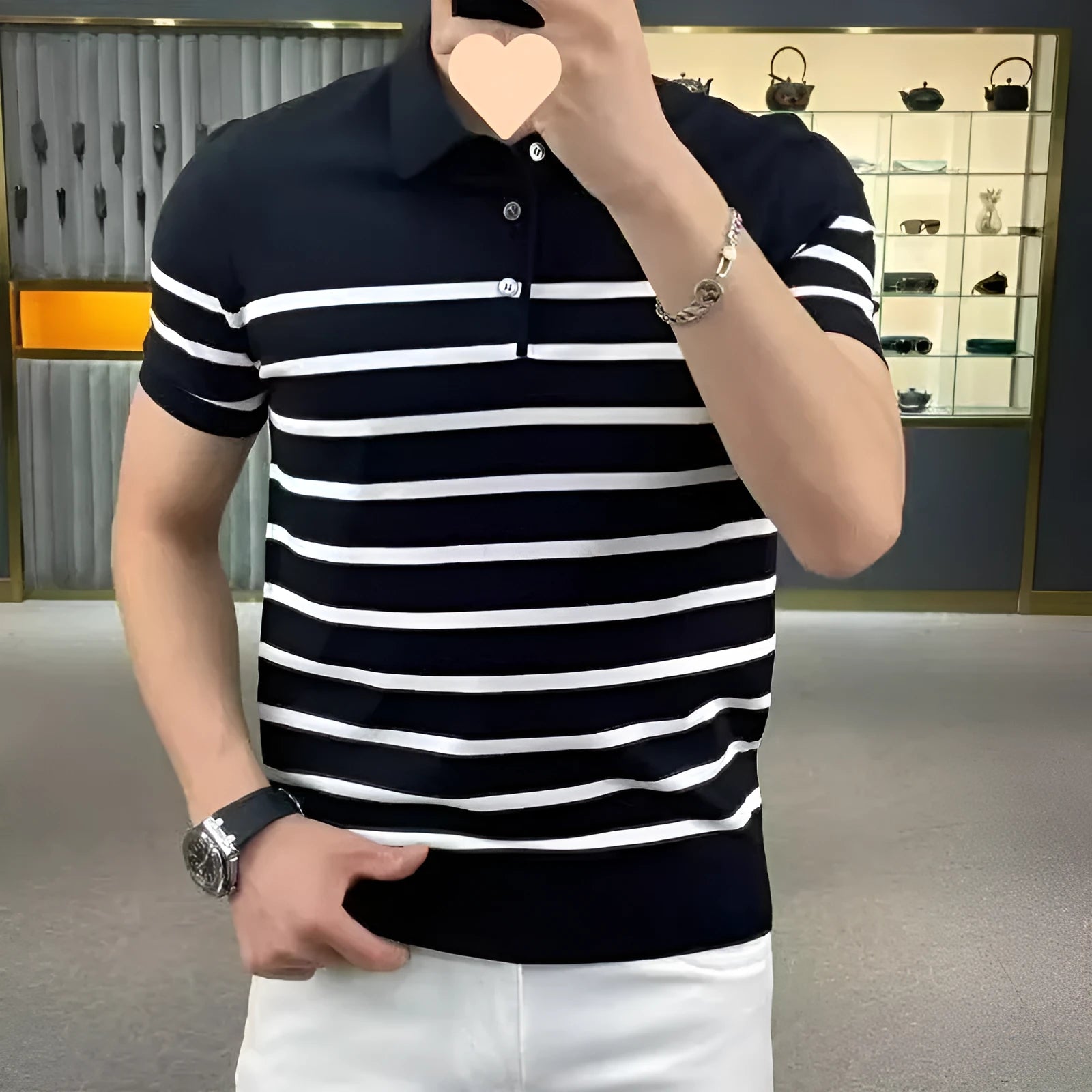 Chemical fibre blend striped lapel knitted T-shirt in black and white colour options