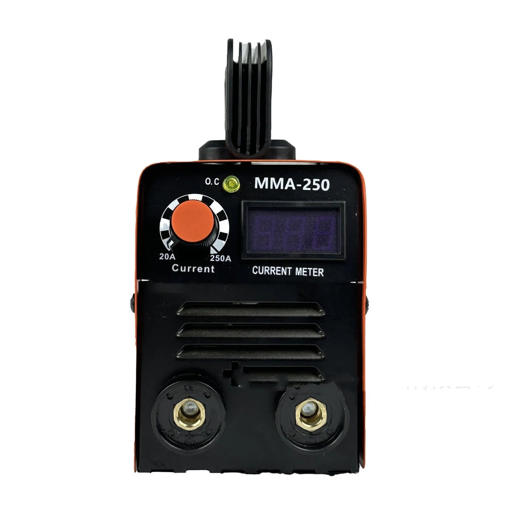 Portable mini MMA-250 DC spot welding machine with 110V US plug, ground wire, mask, and slag hammer on a workbench