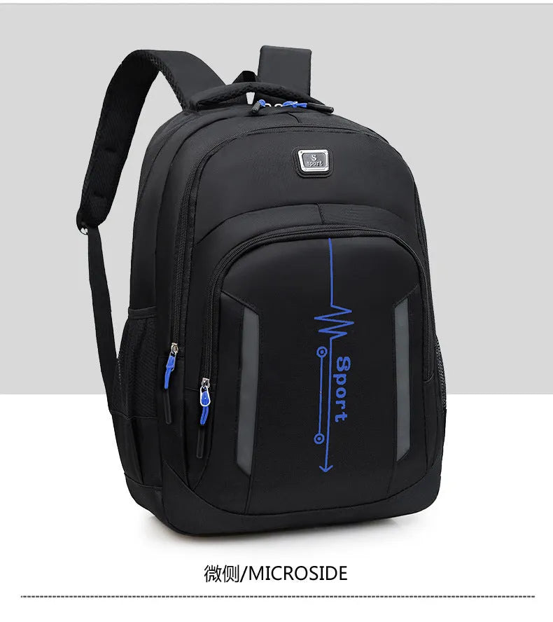 Oxford cloth capacity backpack in blue with airpillow straps, shown with a 20-35L size for business travel.