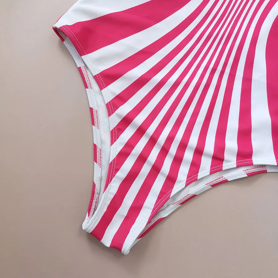Pink and white striped women's one-piece swimsuit with front and back digital printing.