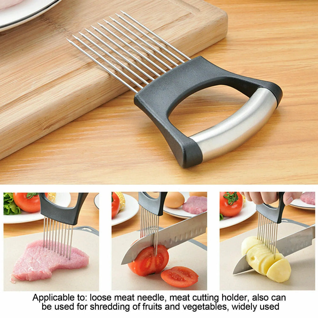 Stainless steel onion holder and vegetable slicer tool with ABS handle on a kitchen counter.