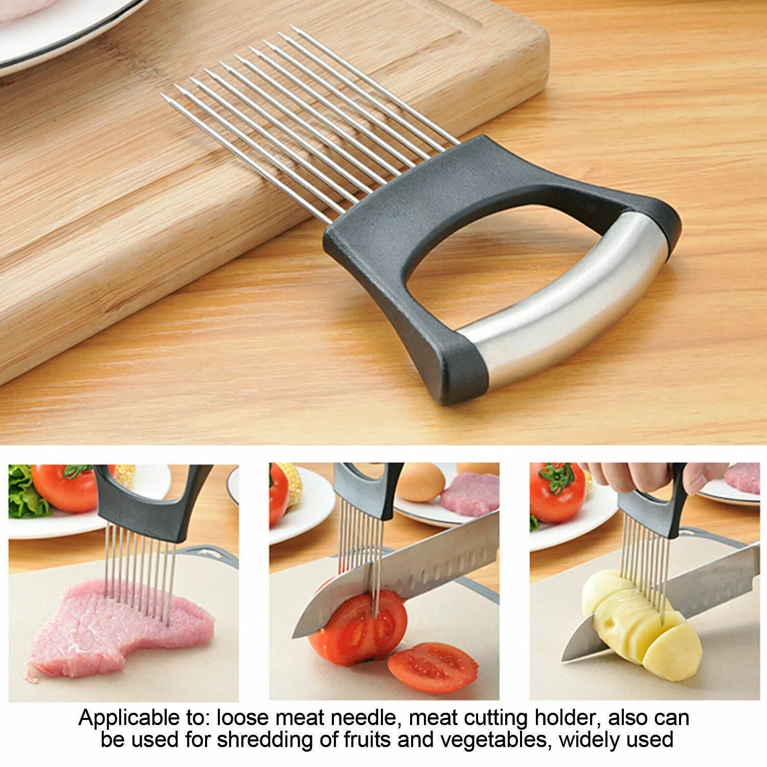 Stainless steel onion holder and vegetable slicer tool with ABS handle on a kitchen counter.
