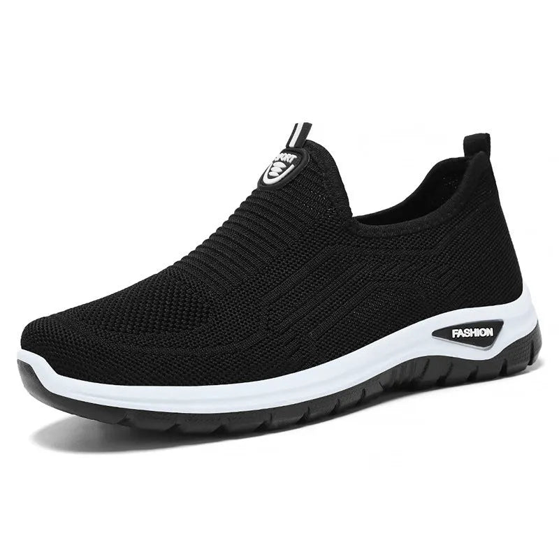 Men's black and grey breathable casual shoes with mesh lining and flat sole.
