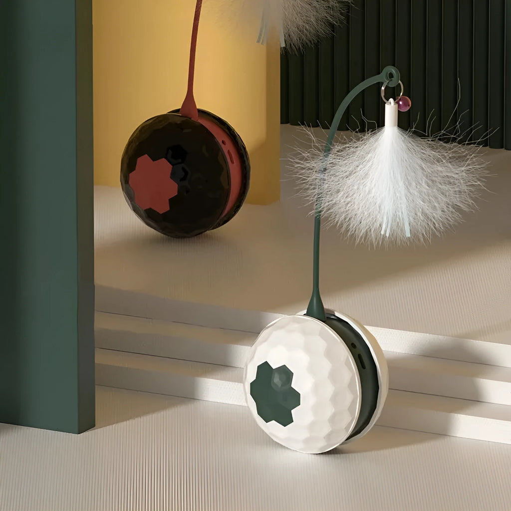 USB rechargeable tumbler cat teaser toy with feather accessory, red or white, 71.5mm x 209mm