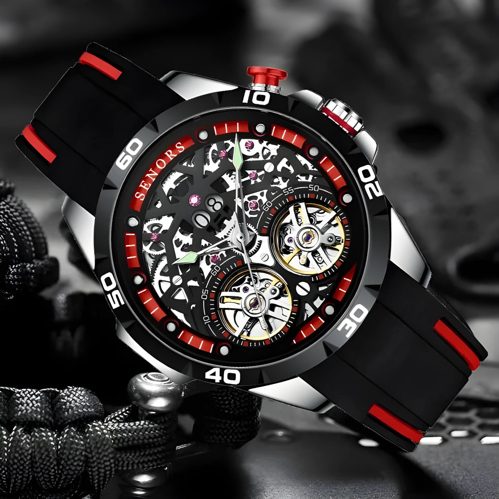 Automatic mechanical men's watch with luminous hollow dial in blue colour option showing 14mm thickness