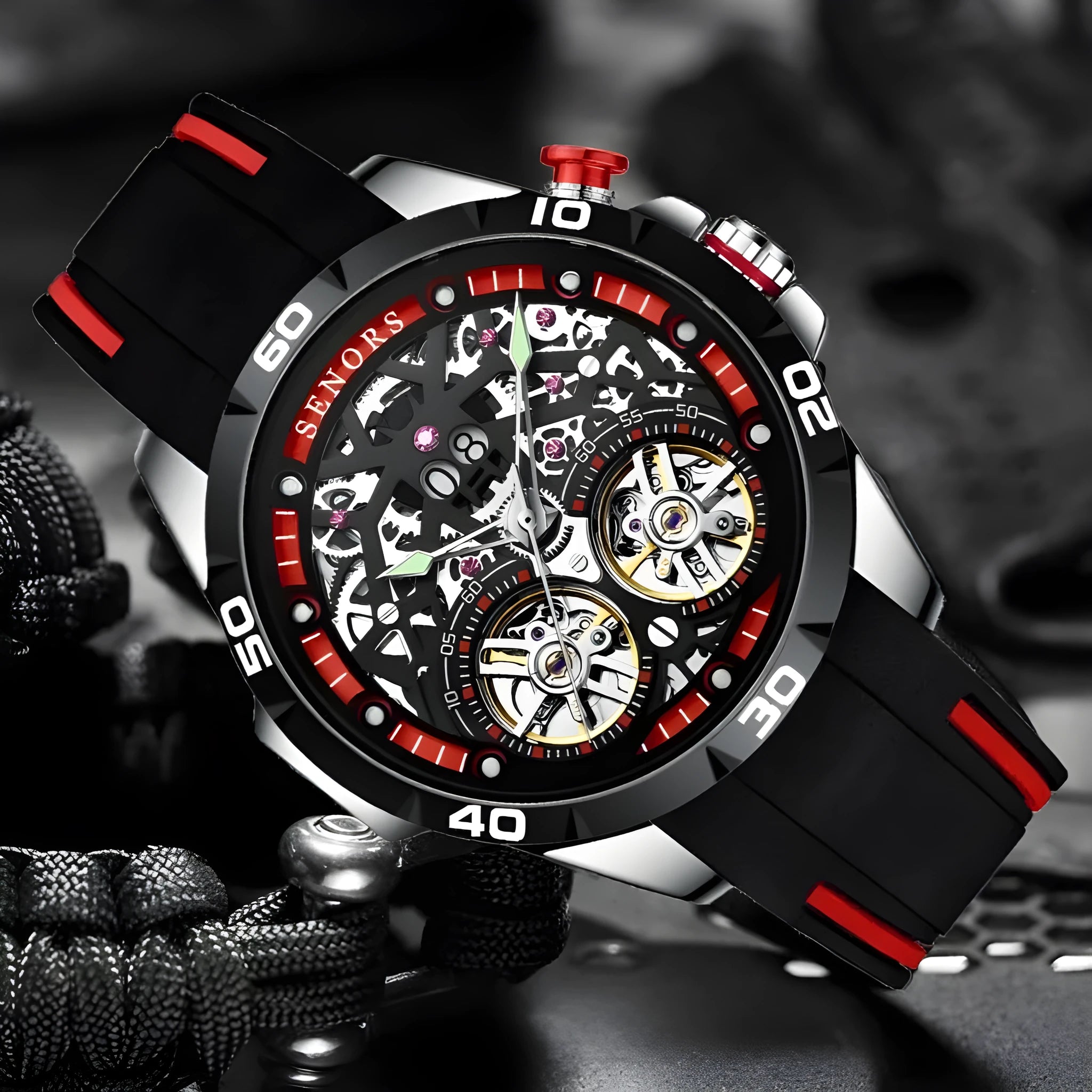 Automatic mechanical men's watch with luminous hollow dial in blue colour option showing 14mm thickness