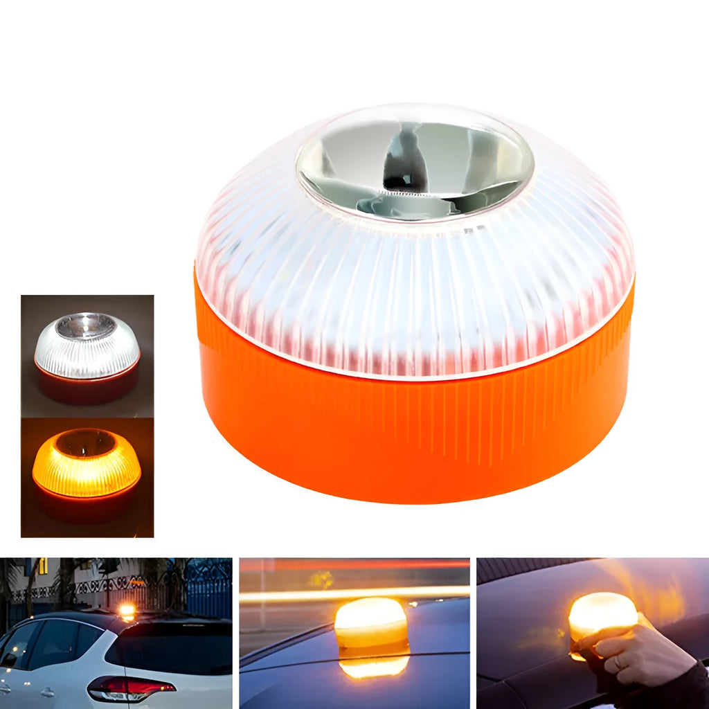 V16 LED emergency warning light in plastic housing with colour options on a vehicle.
