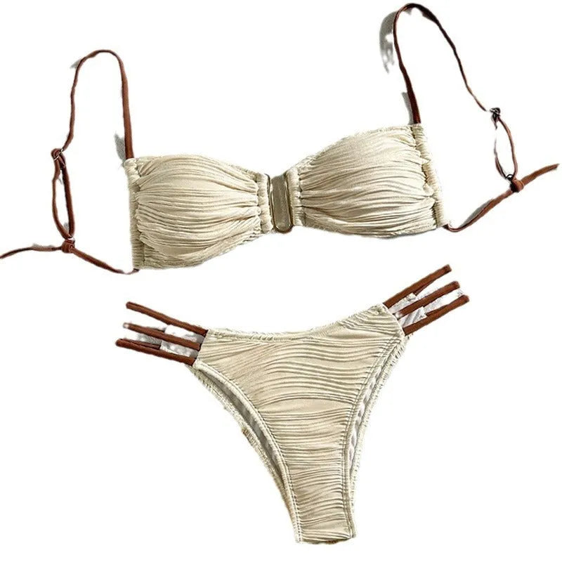 Women's khaki striped polyester three-point bikini set on a beach background sizes XS to L