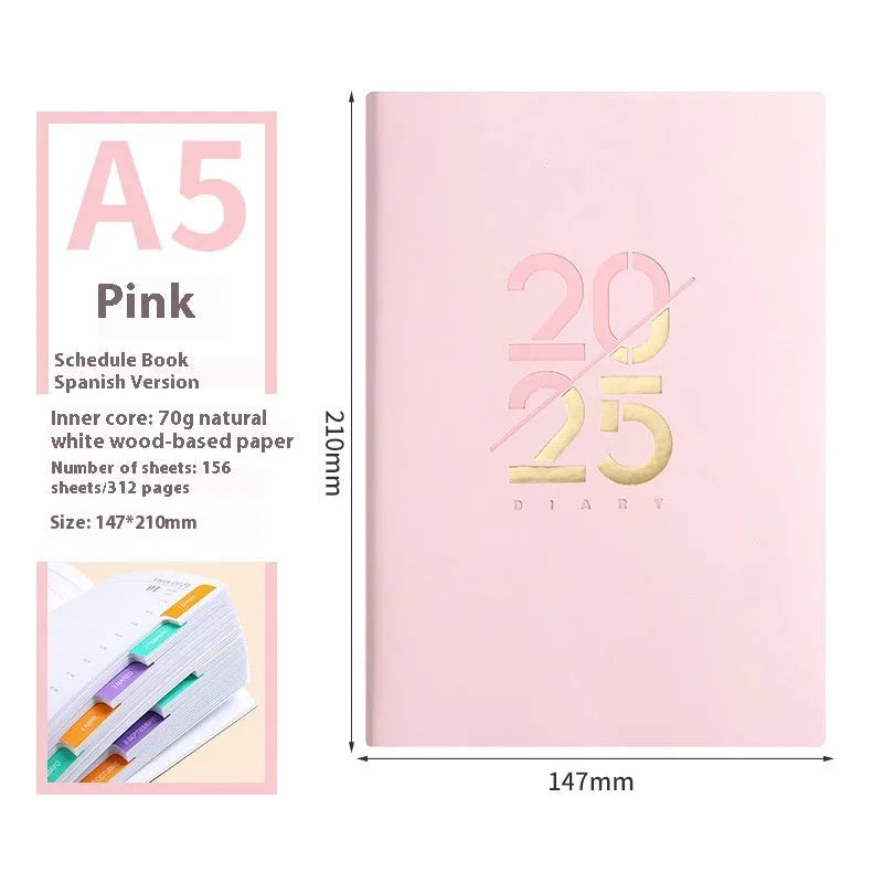 A5 faux leather daily schedule book open showing Dorian paper pages with binding detail