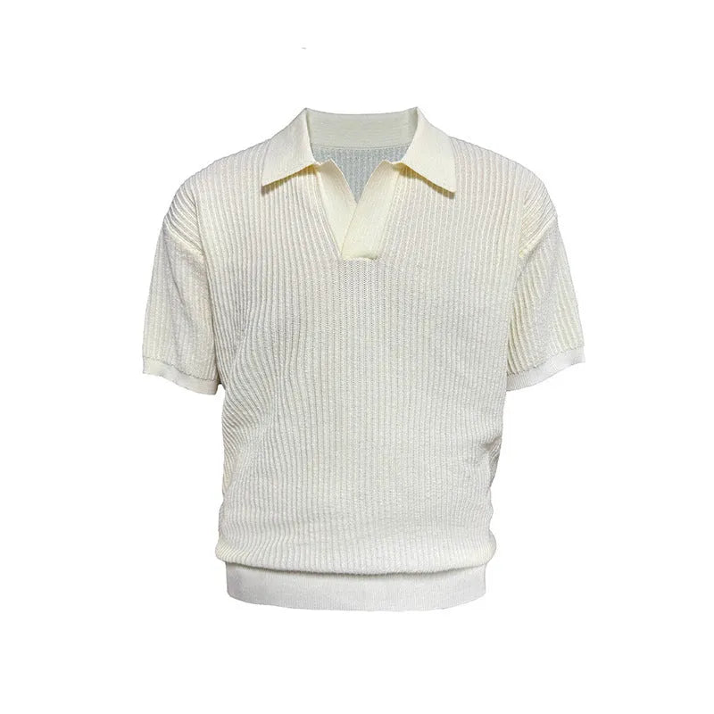 Men's loose thin ice silk polo shirt with business casual stripes in creamy white