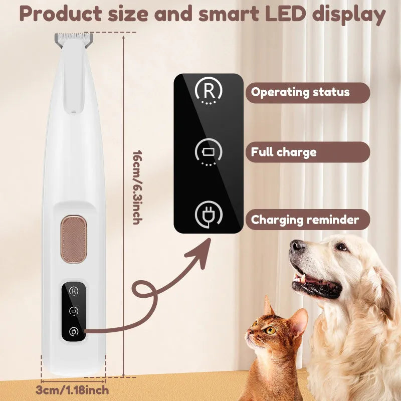 White waterproof dog paw trimmer with LED light and LED display, 18mm widened stainless steel blade, cordless rechargeable pet hair clipper