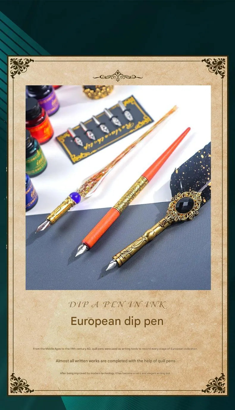 Gray vintage mechanical feather fountain pen set with metal nib for calligraphy practice