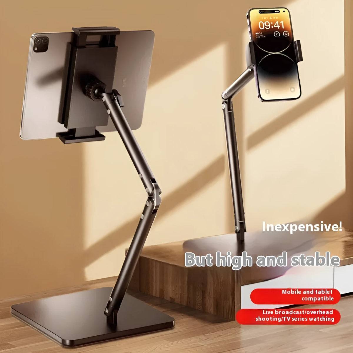 Metal desktop phone bracket with square double arms and remote control for streaming