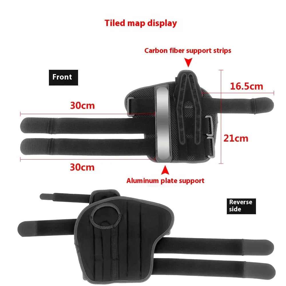 Black carbon fibre wrist guard with thumb strap and grey edging, shown for left hand.