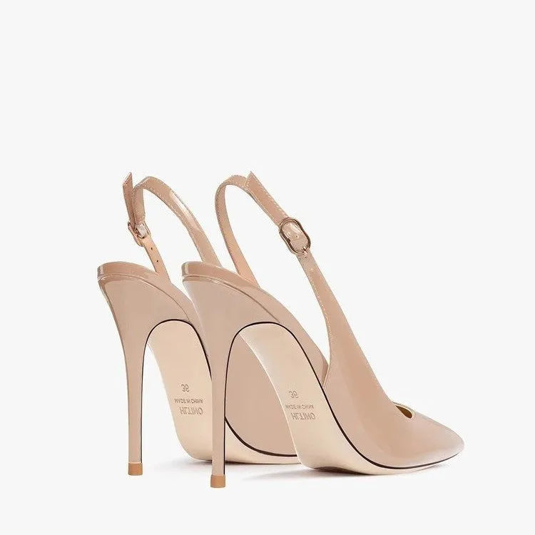Nude women's high heels with ankle-strap design and hollow detail in soft PU leather