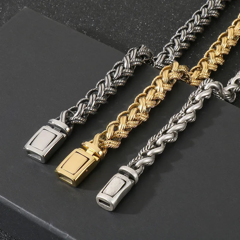 Men's titanium steel keel chain necklace with geometric pendant in antique silver finish.