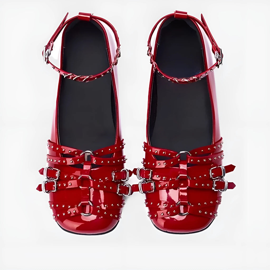 Women's black genuine leather retro flats with buckle closure and square toe design
