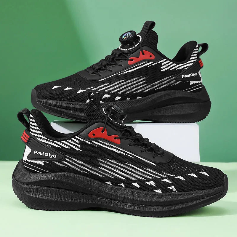 Men's white and green rotating buckle Fly-kit mesh sports shoes with round toe and flat heel design