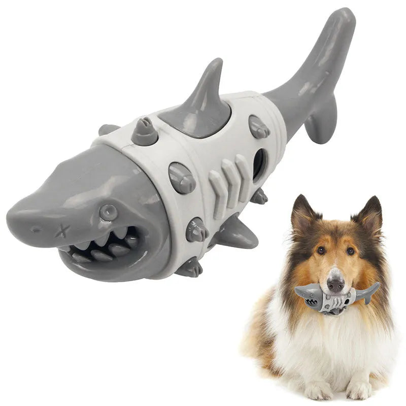 Shark tooth design dog teething toy in blue, grey, or yellow with cleaning ridges