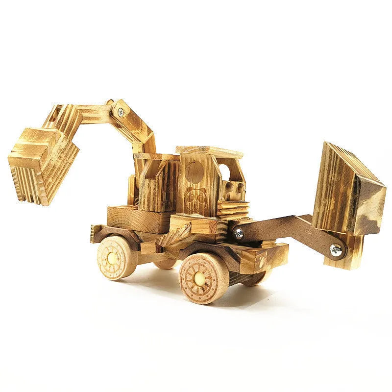 Wooden excavator model toy 30cm long brown rotating construction vehicle for children
