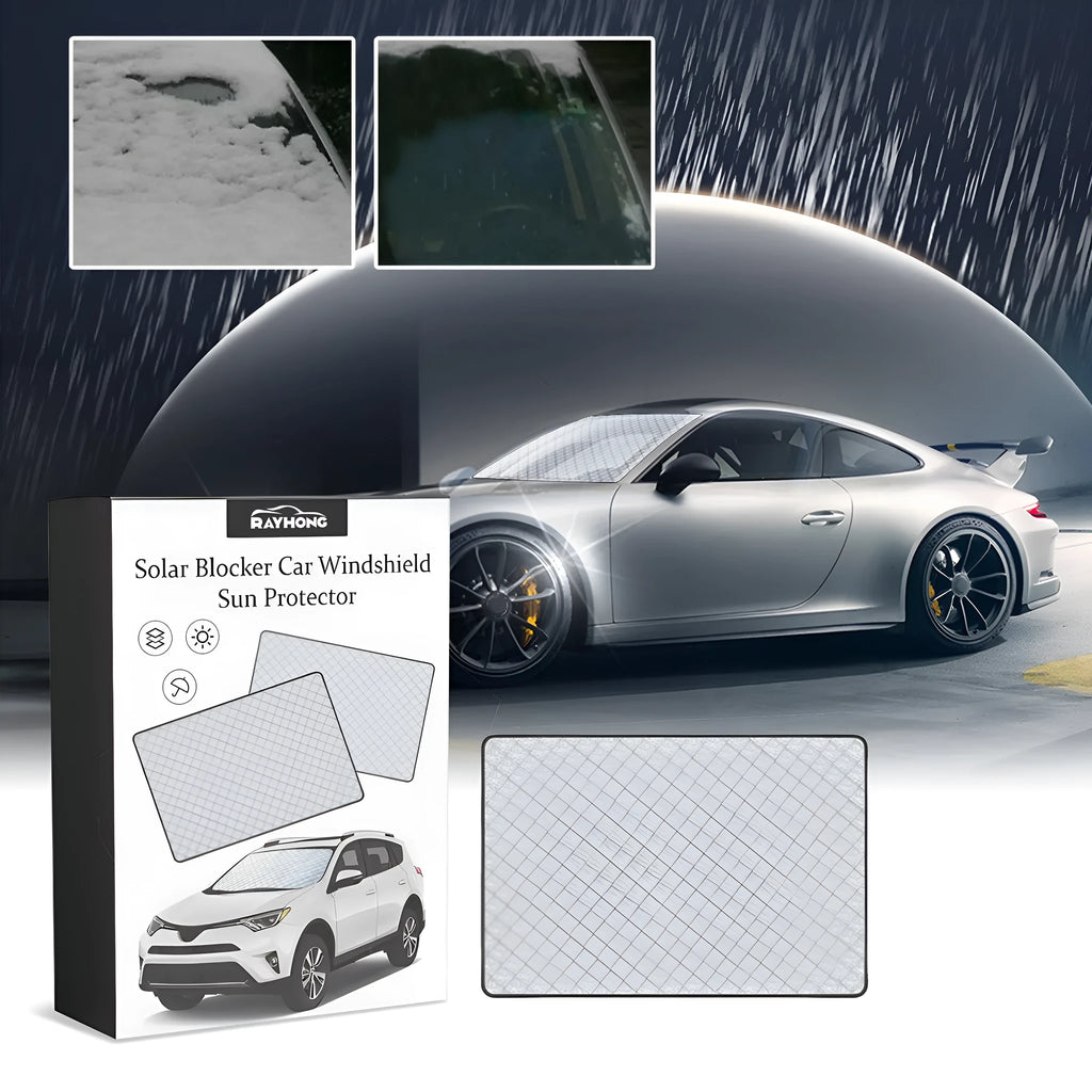 Car windscreen frost cover made of silver aluminium film and nylon fabric, laid flat showing its rectangular 140cm x 95cm size.