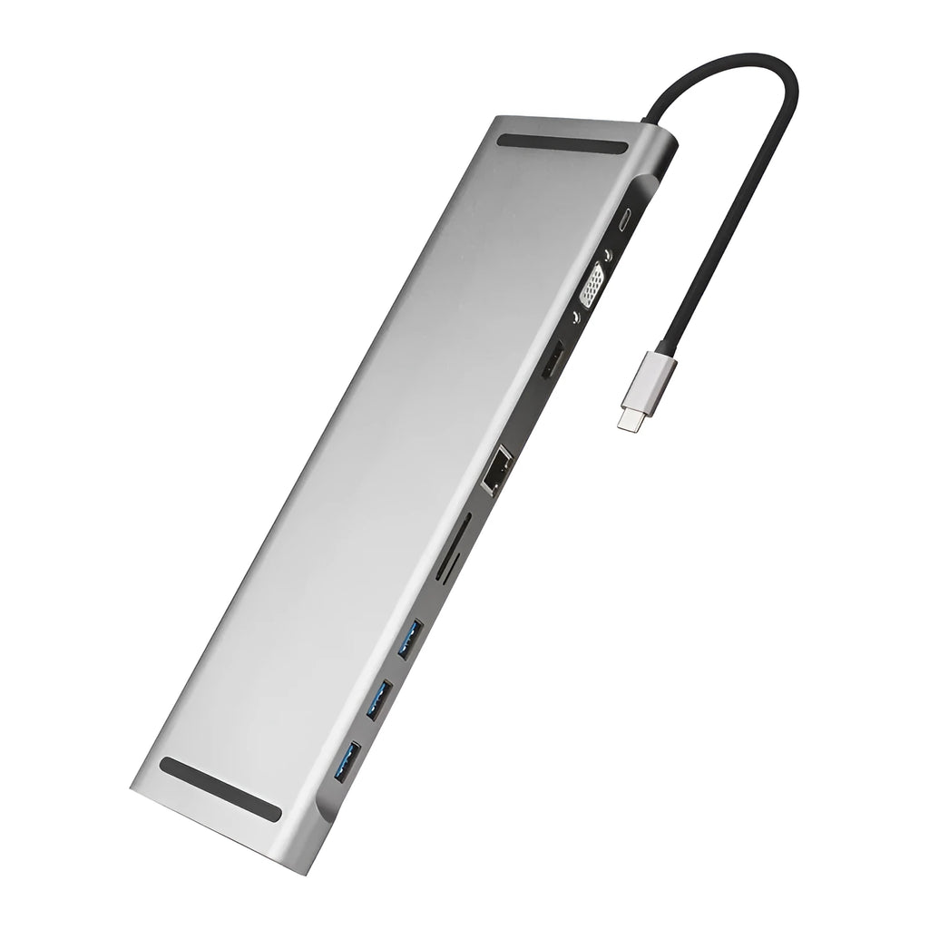 Grey aluminium alloy ten-port USB C docking station with cooling bracket showing HDMI, VGA and Ethernet ports