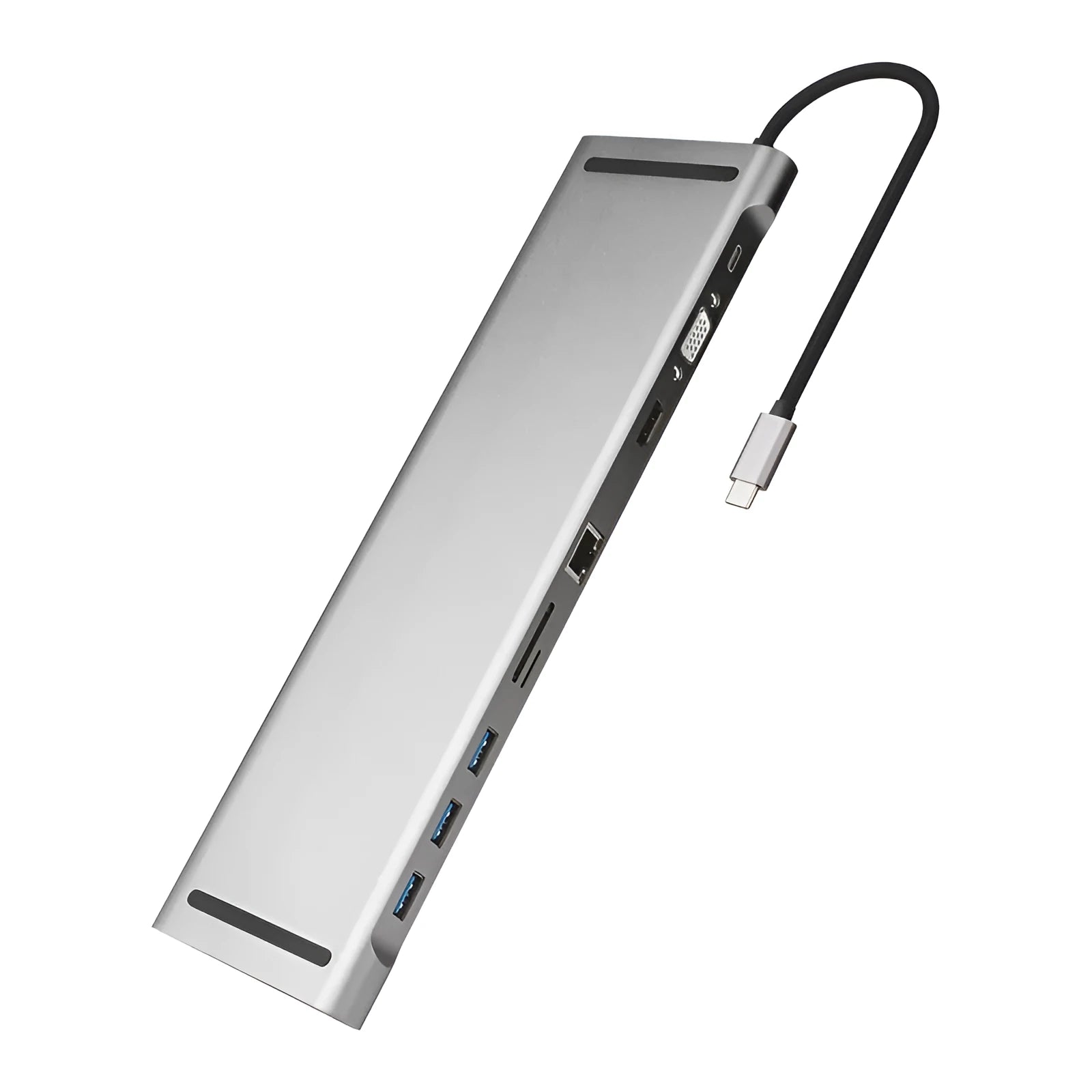 Grey aluminium alloy ten-port USB C docking station with cooling bracket showing HDMI, VGA and Ethernet ports