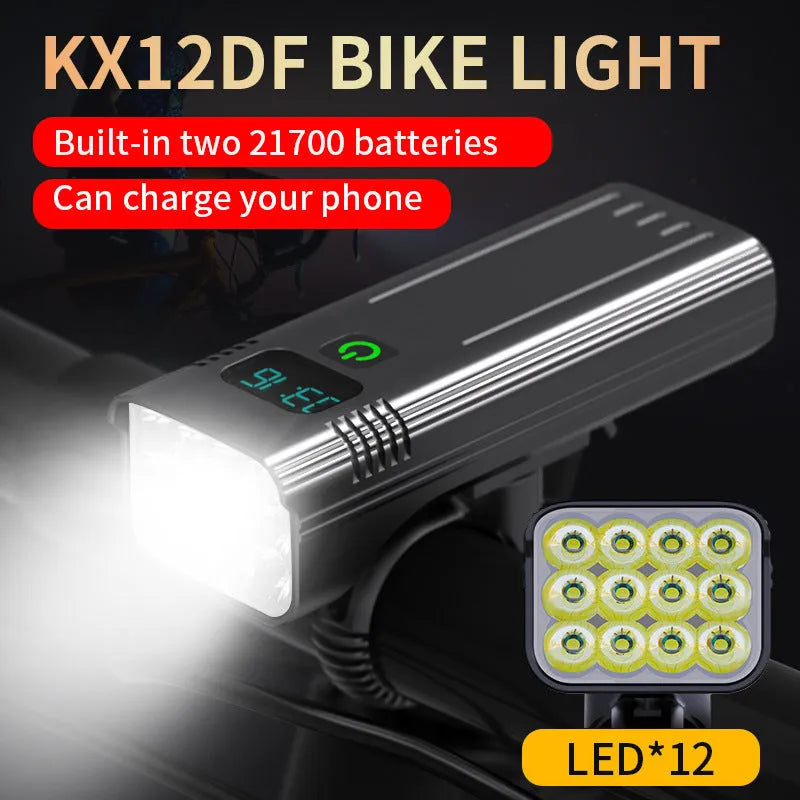 Black KX12DF digital display bicycle headlight on a 360-degree rotating mount with USB cable.