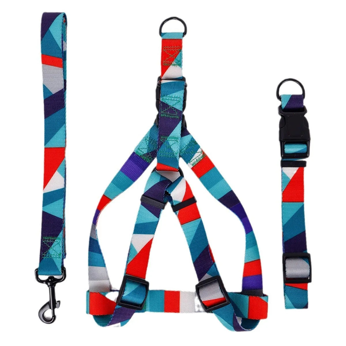 Hand holding rope outing dog leash three-piece set in polyester with collar and harness