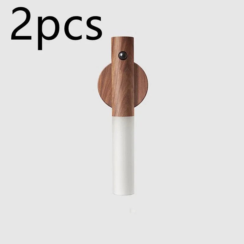 Auto LED USB magnetic wood night light with PIR motion sensor on wall, warm light