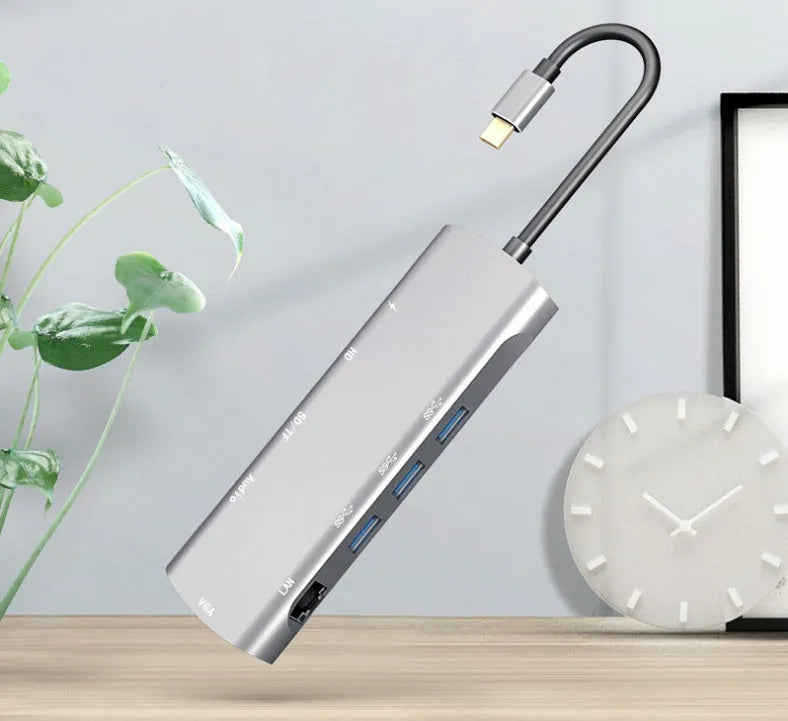 Grey USB-C docking station with HDMI, VGA, USB 3.0 ports and 140mm cable