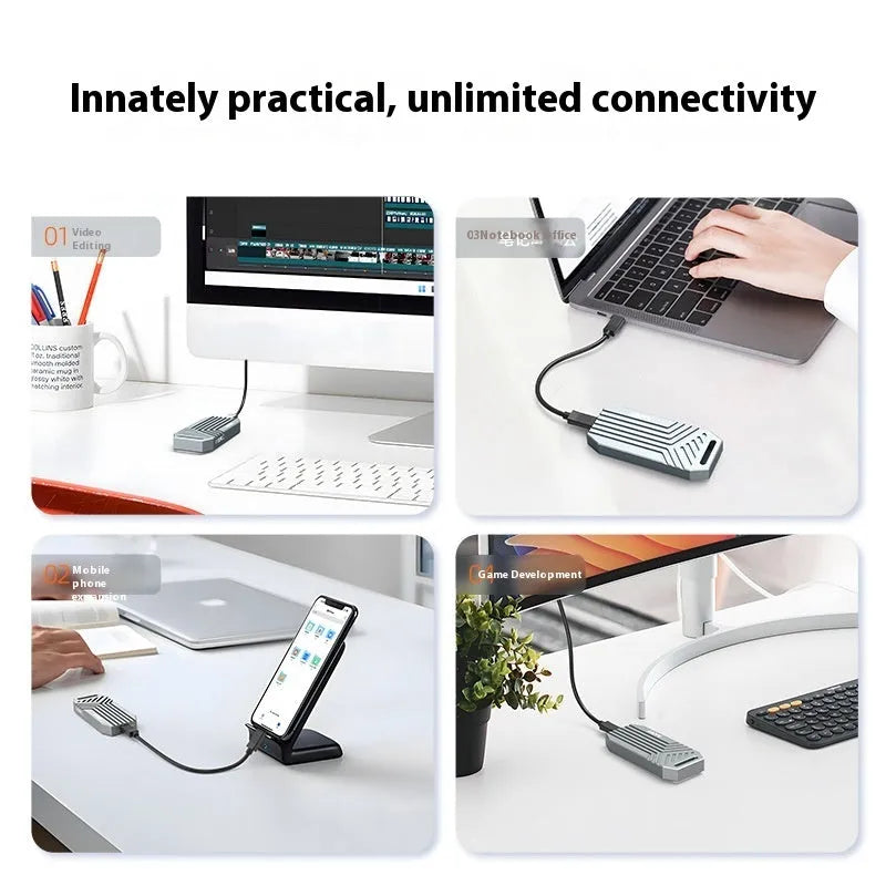 Aluminium M.2 NVMe SSD external enclosure for 2280 drives in grey and silver colours.