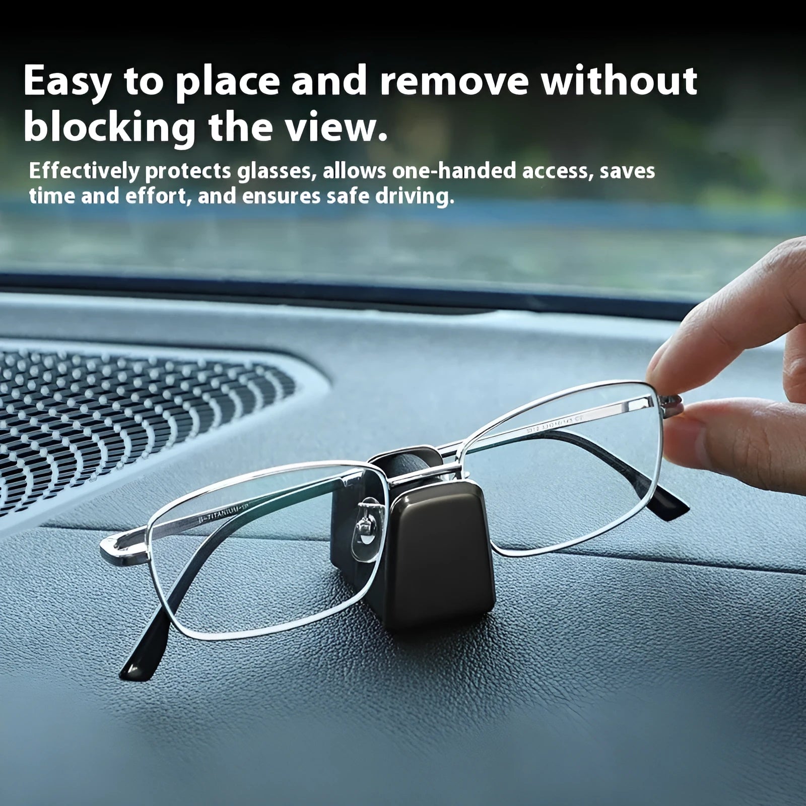 Zinc alloy and leather car dashboard clip for holding sunglasses, shown in green.