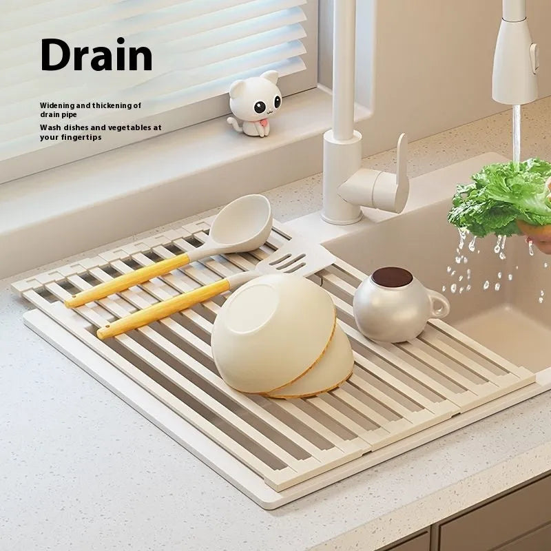 Foldable milky white stainless steel kitchen draining rack with tri-fold design