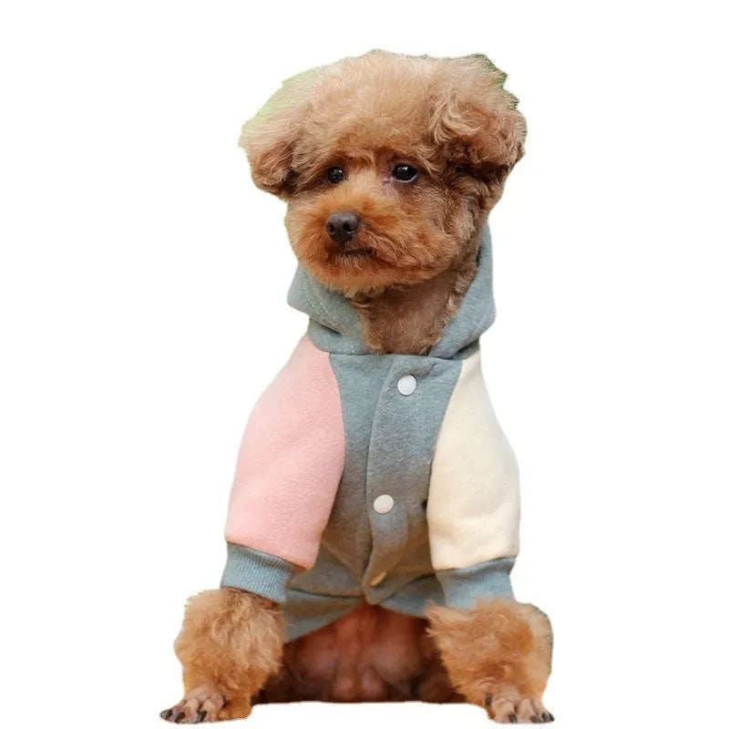 A brown cotton dog sweatshirt shown on a mannequin, with size tags for XS to 2XL.